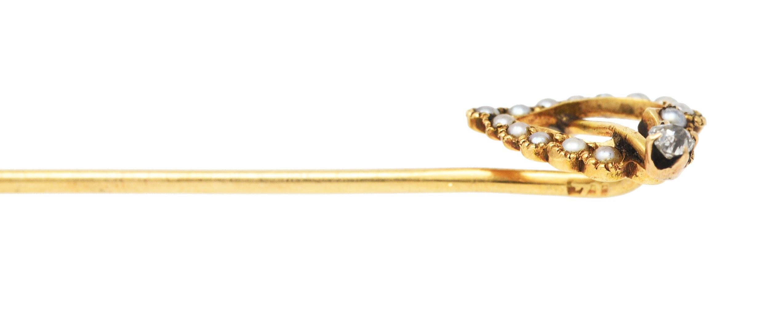Victorian Seed Pearl Diamond 14 Karat Yellow Gold Heart Stickpin For Sale 3