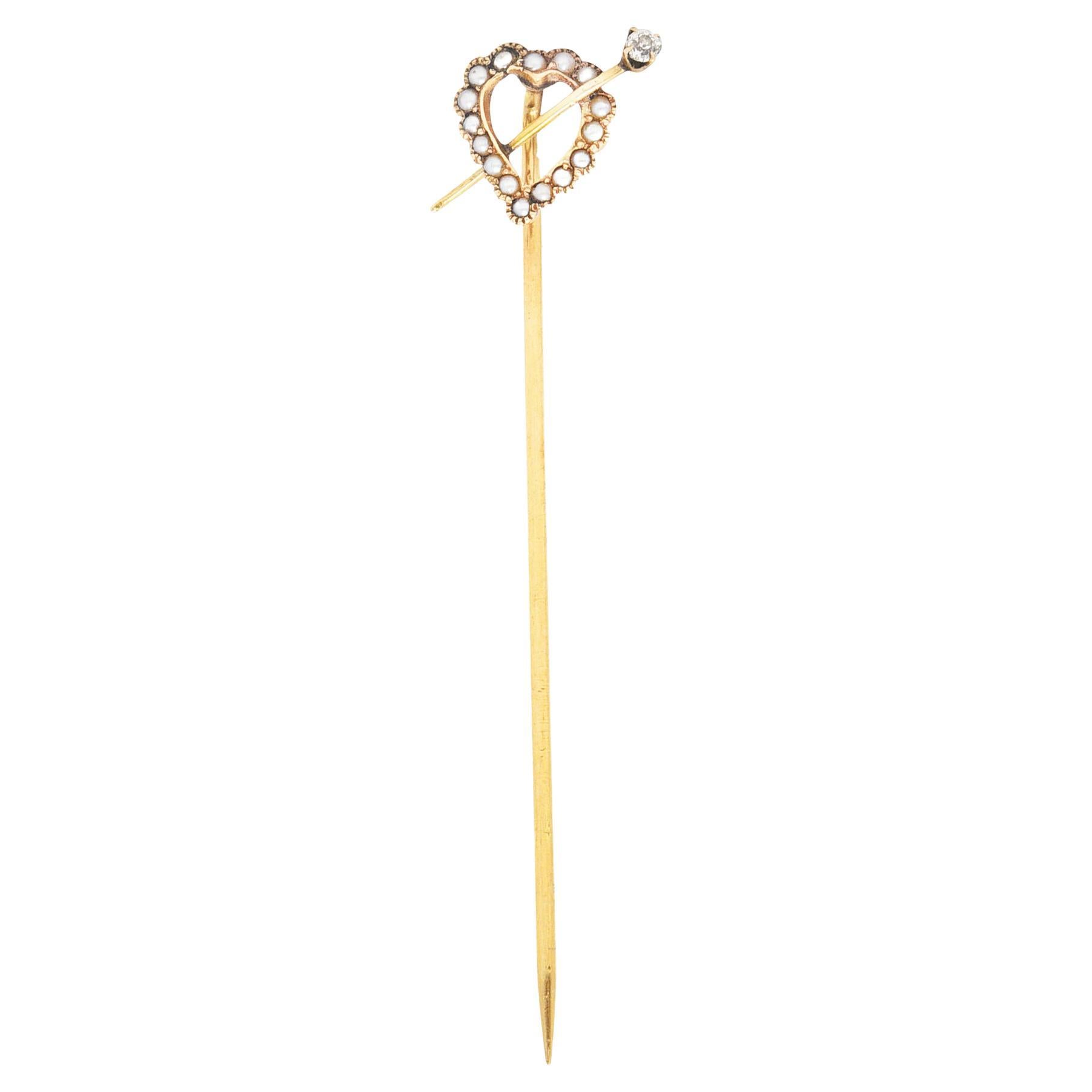 Épingle à cravate victorienne en forme de cœur en or jaune 14 carats avec perles naturelles et diamants en vente 3