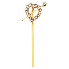 Antique Victorian Seed Pearl Diamond 14 Karat Yellow Gold Heart Stickpin