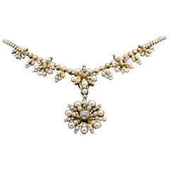 Victorian Seed Pearl Diamond Gold Necklace