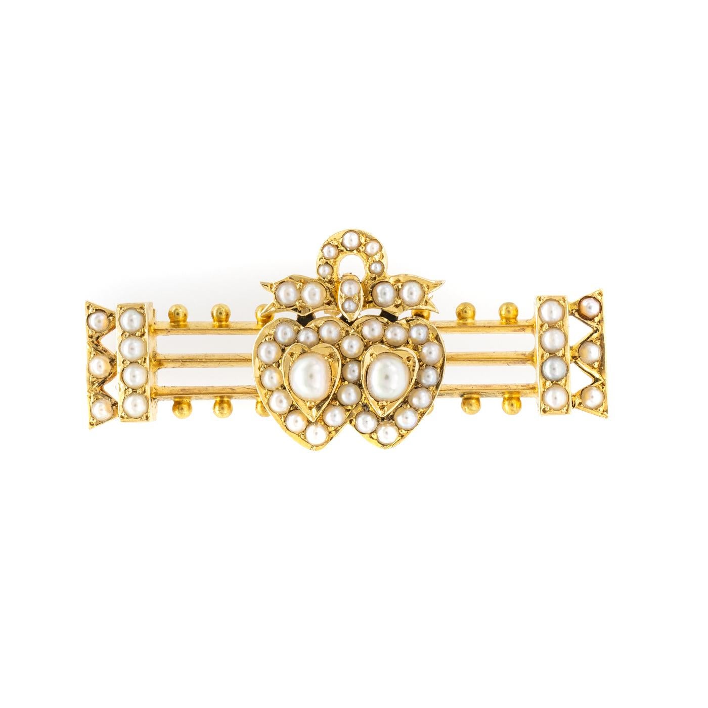 Round Cut Victorian Seed Pearl Double Heart and Bow Brooch, circa 1875 For Sale