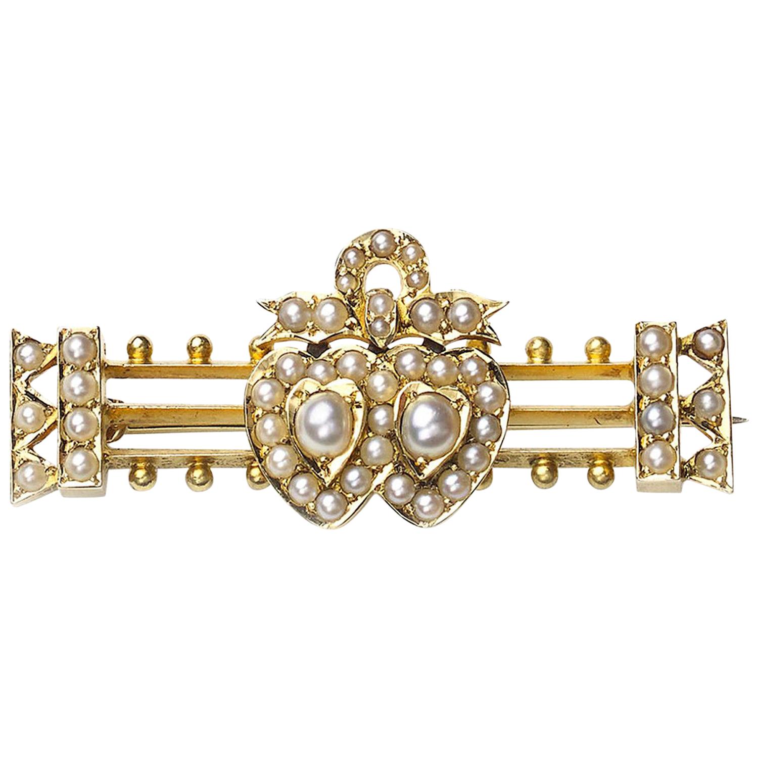 Victorian Seed Pearl Double Heart and Bow Brooch, circa 1875 For Sale