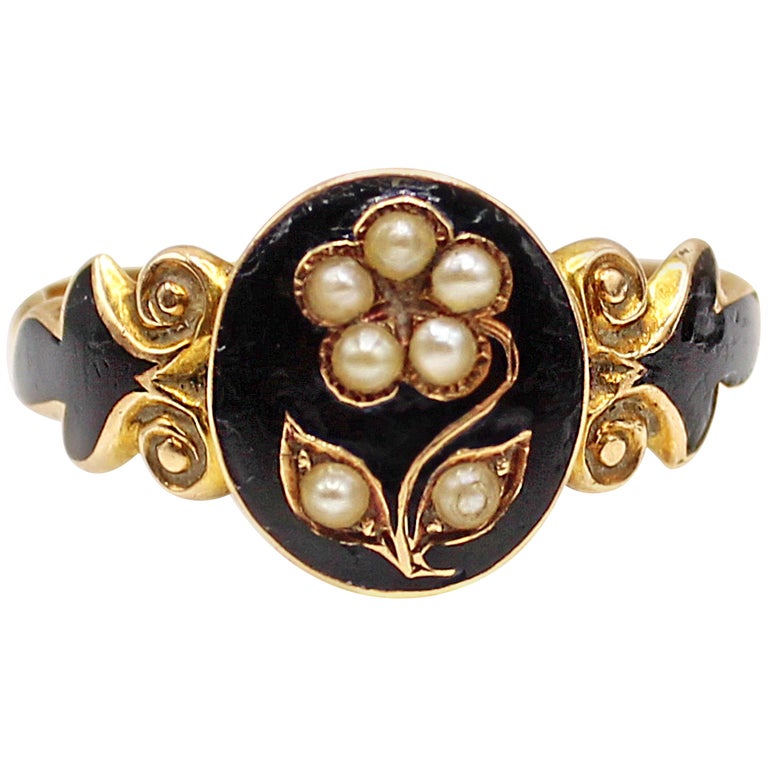 Victorian Seed Pearl Enamel Gold Flower Mourning Ring