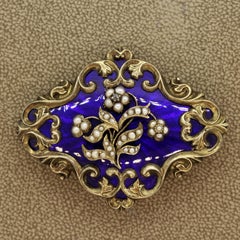 Victorian Seed-Pearl Enamel Gold Mourning Hair Brooch