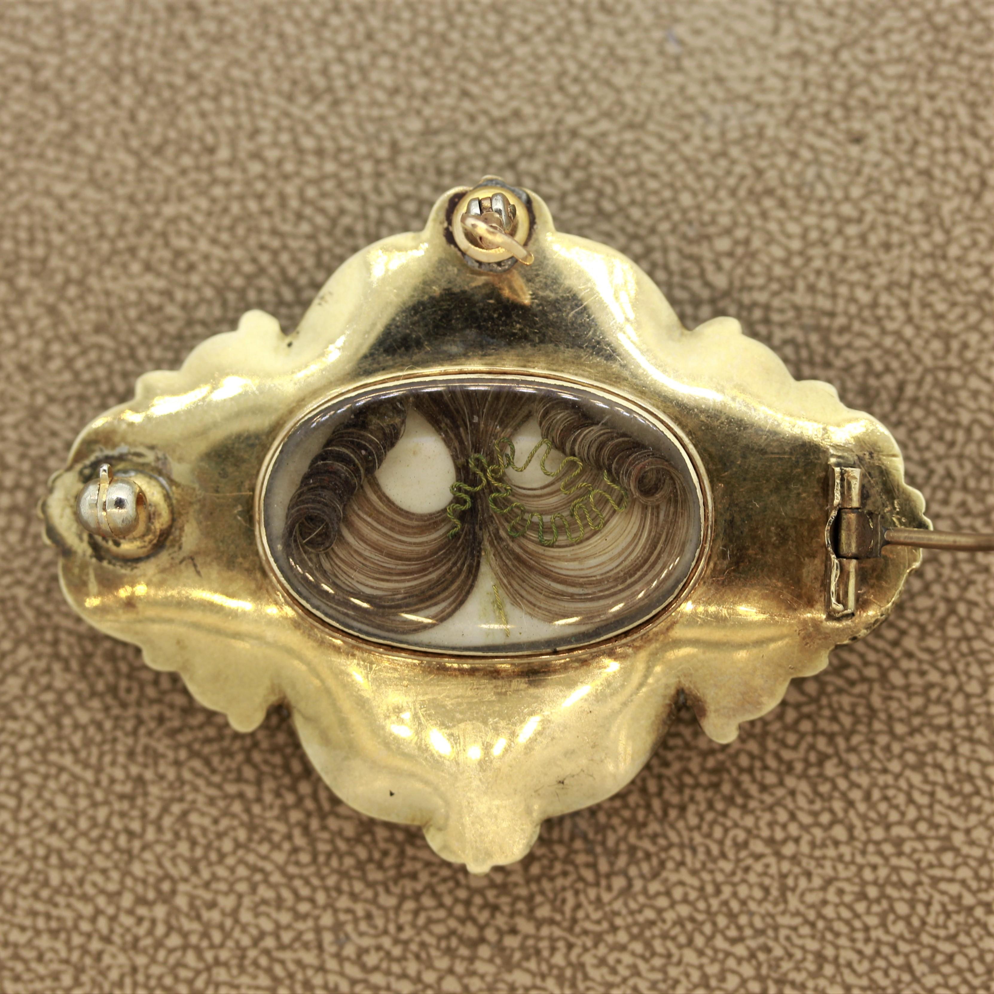 Broche de de deuil victorienne en or émaillée et perles de rocaille avec perles 1