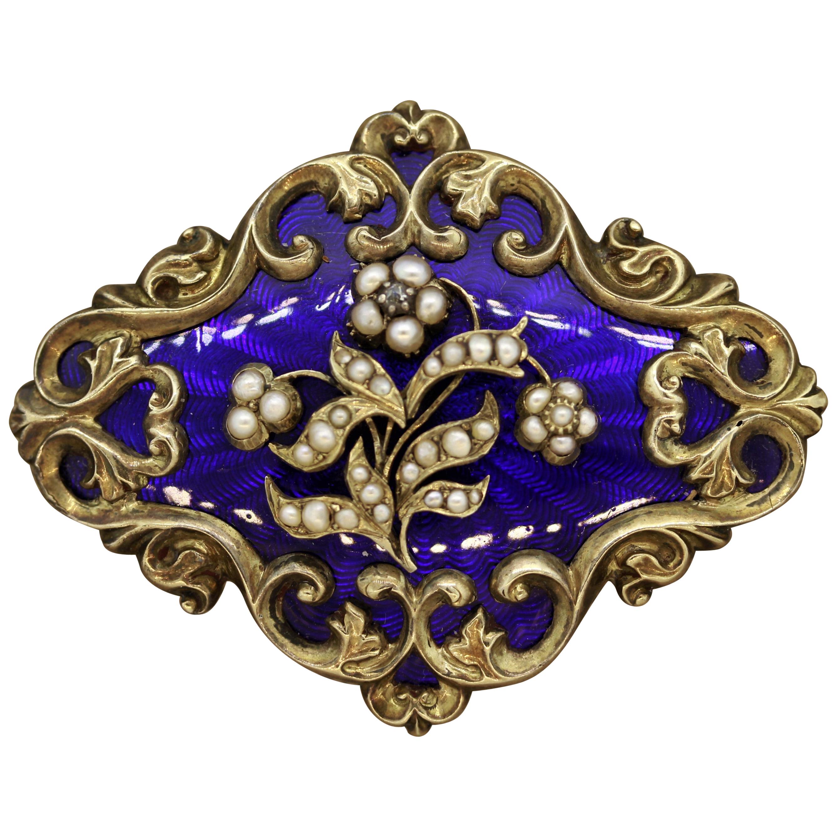 Victorian Seed-Pearl Enamel Gold Mourning Hair Brooch