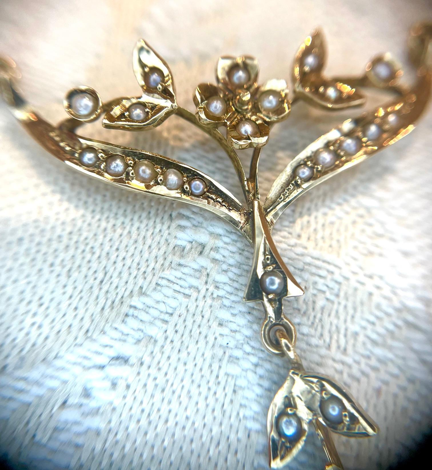Dainty Victorian Seed Pearl Floral Necklace on chain.  The necklace measures 14