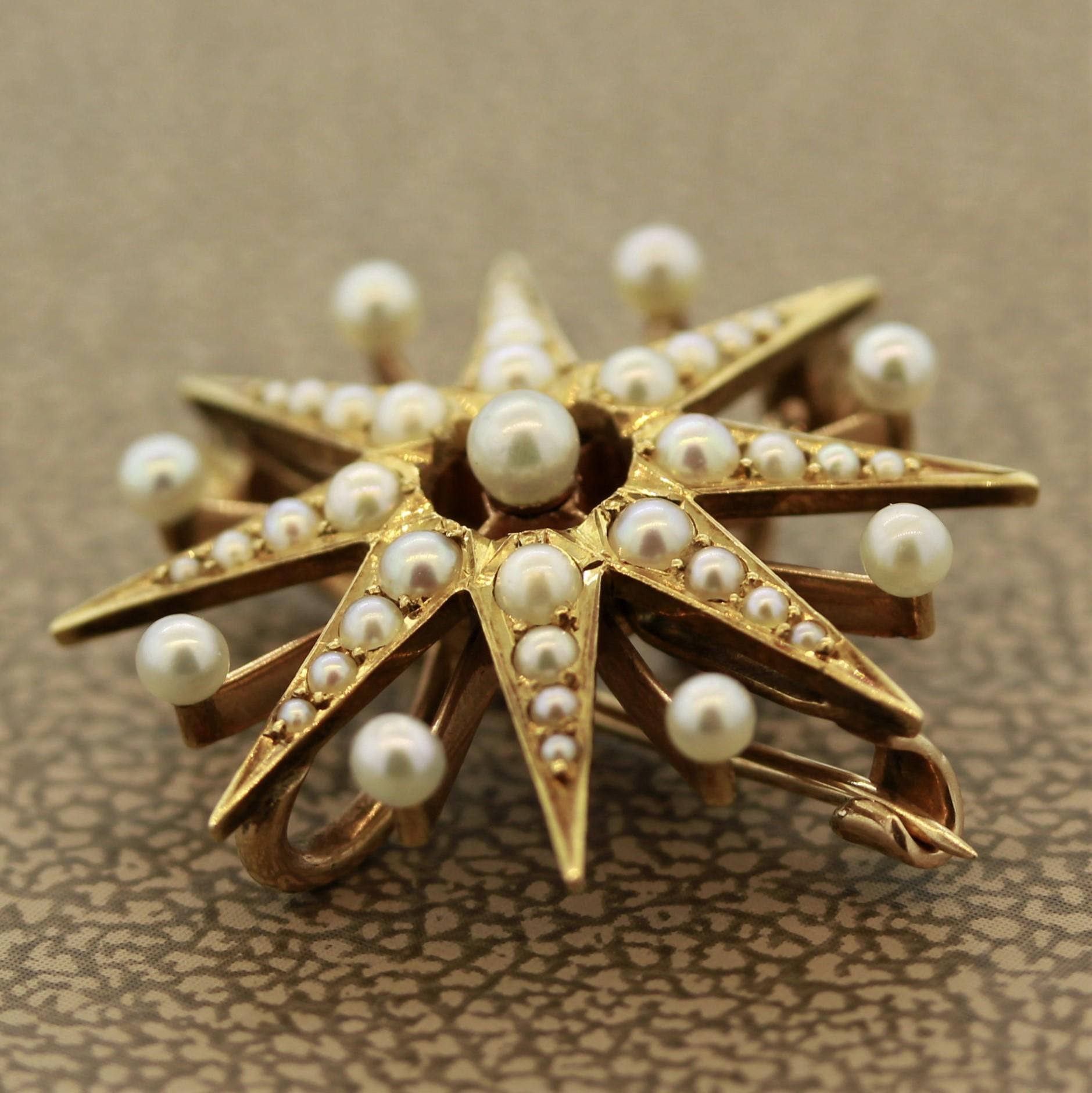 Taille ronde Pendentif victorien en forme d'étoile en or et perles de rocaille en vente