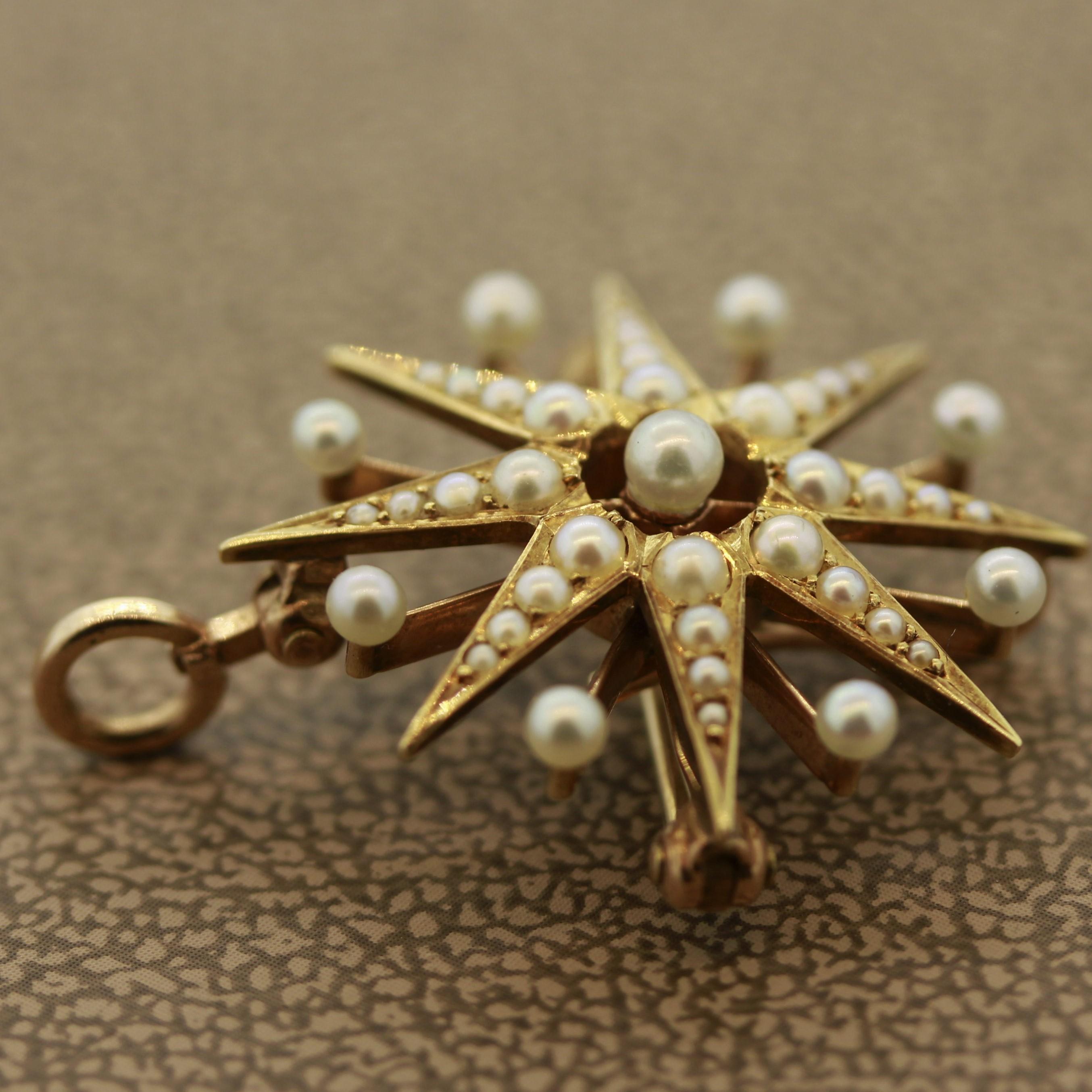 Victorian Seed-Pearl Gold Starburst Pin-Pendant In Excellent Condition For Sale In Beverly Hills, CA