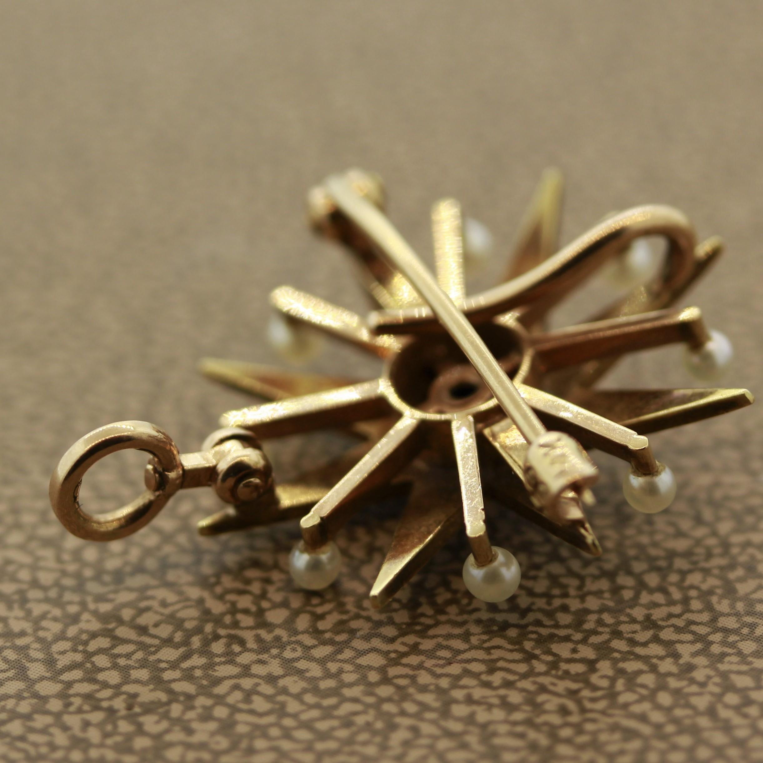 Women's or Men's Victorian Seed-Pearl Gold Starburst Pin-Pendant For Sale