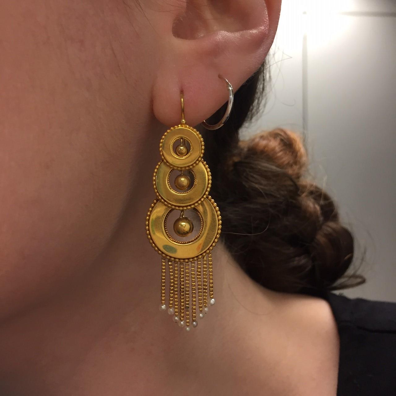 Victorian Seed Pearl Gold Tassel Drop Earrings In Excellent Condition In London, GB