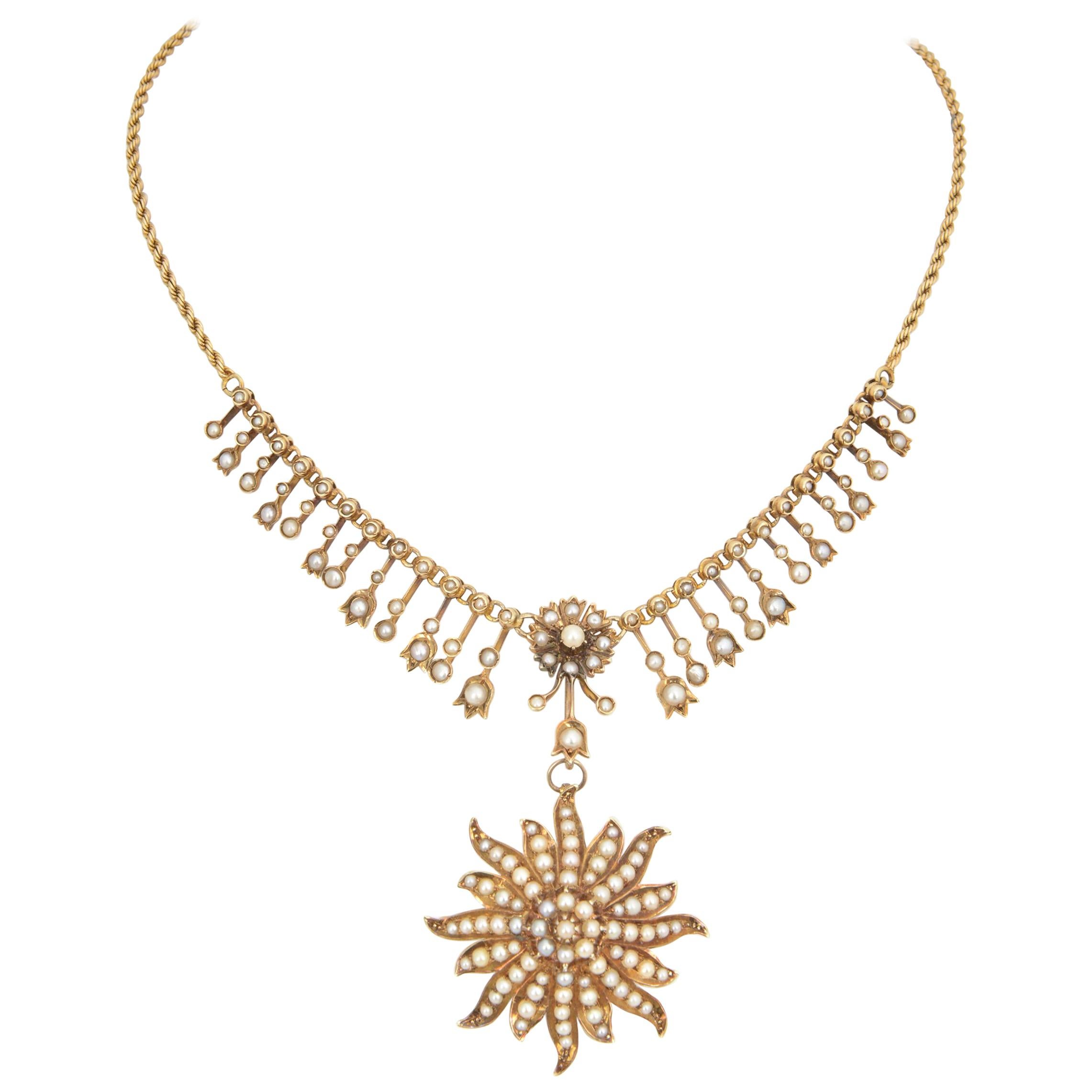 Victorian Seed Pearl Starburst Gold Necklace with Removable Brooch