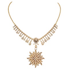 Victorian Seed Pearl Starburst Gold Necklace with Removable Brooch