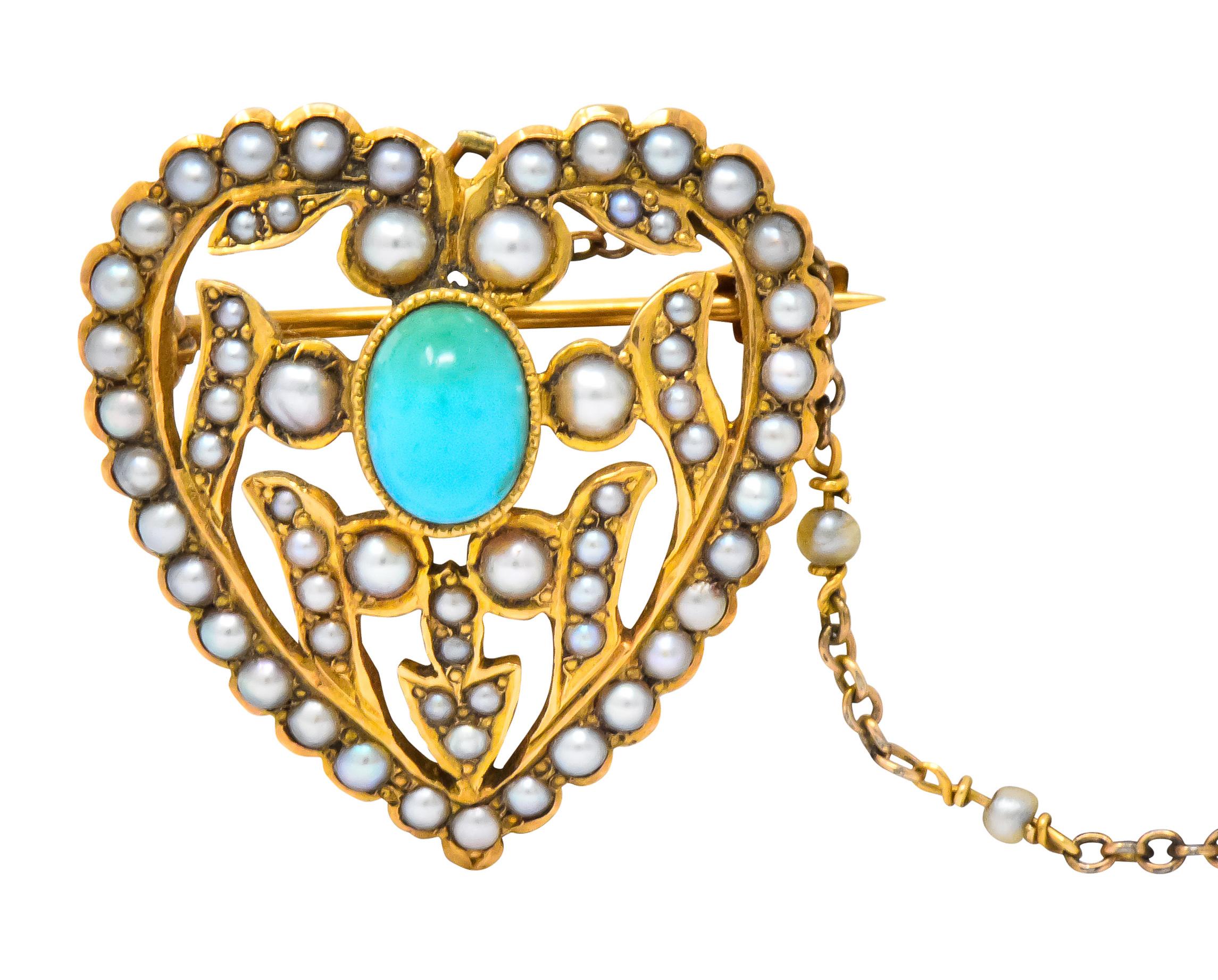 Women's or Men's Victorian Seed Pearl Turquoise 14 Karat Gold Key Heart Brooches