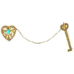 Victorian Seed Pearl Turquoise 14 Karat Gold Key Heart Brooches