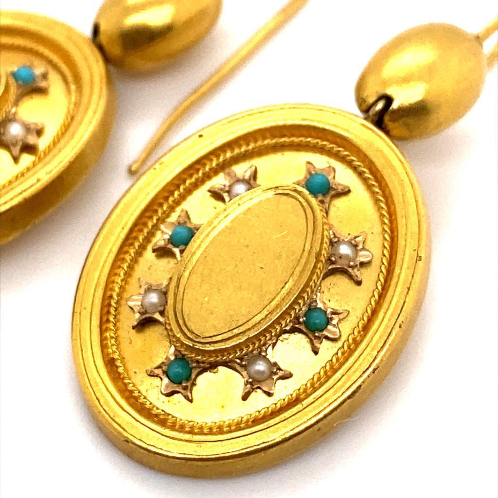 Late Victorian Victorian Seed Pearl Turquoise 18 Karat Yellow Gold Drop Earrings
