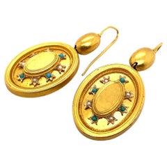 Victorian Seed Pearl Turquoise 18 Karat Yellow Gold Drop Earrings