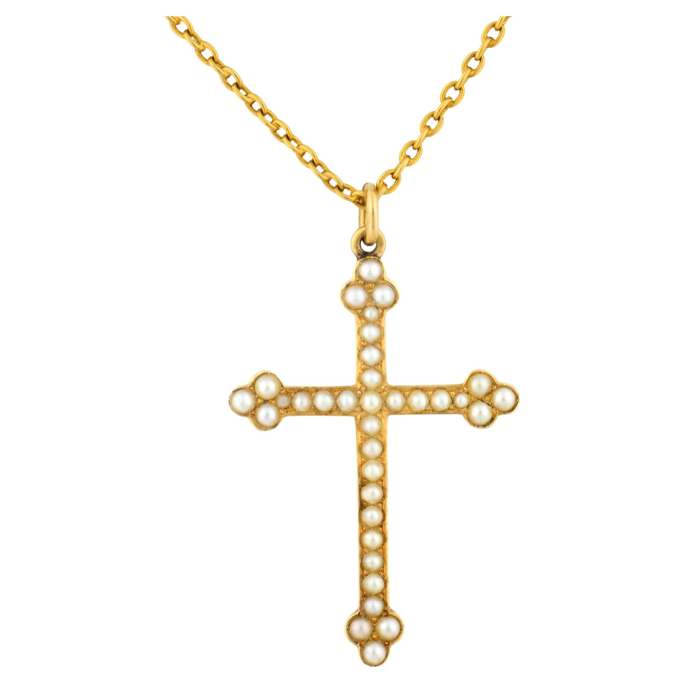 Victorian seed pearl yellow gold cross necklace
