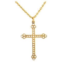Antique Victorian seed pearl yellow gold cross necklace