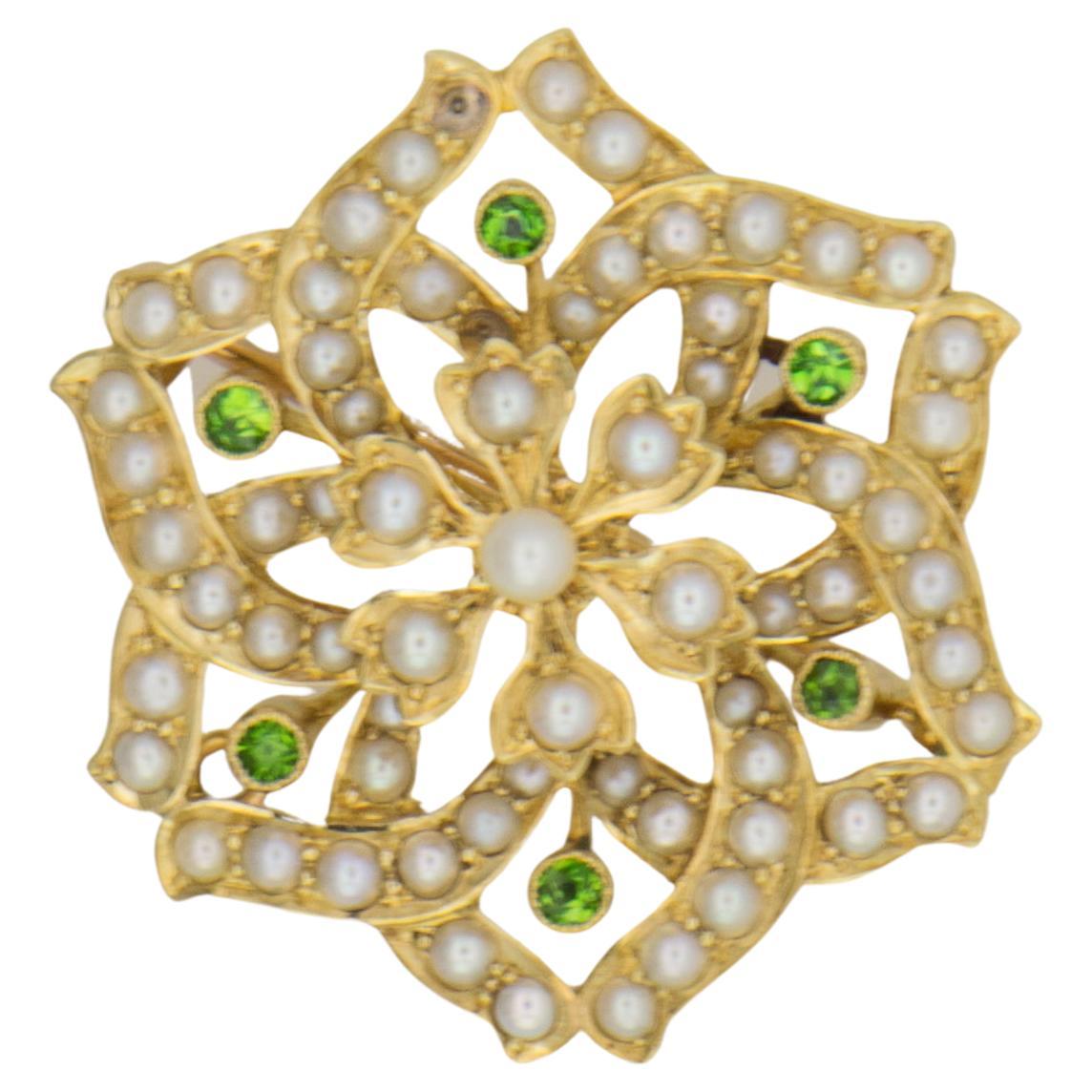 Victorian Seed Pearls and Peridots Gold Brooch For Sale