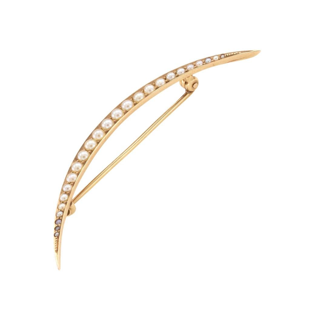 Round Cut Victorian Seed Pearls Yellow Gold Crescent Moon Brooch