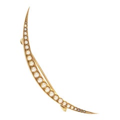 Victorian Seed Pearls Yellow Gold Crescent Moon Brooch