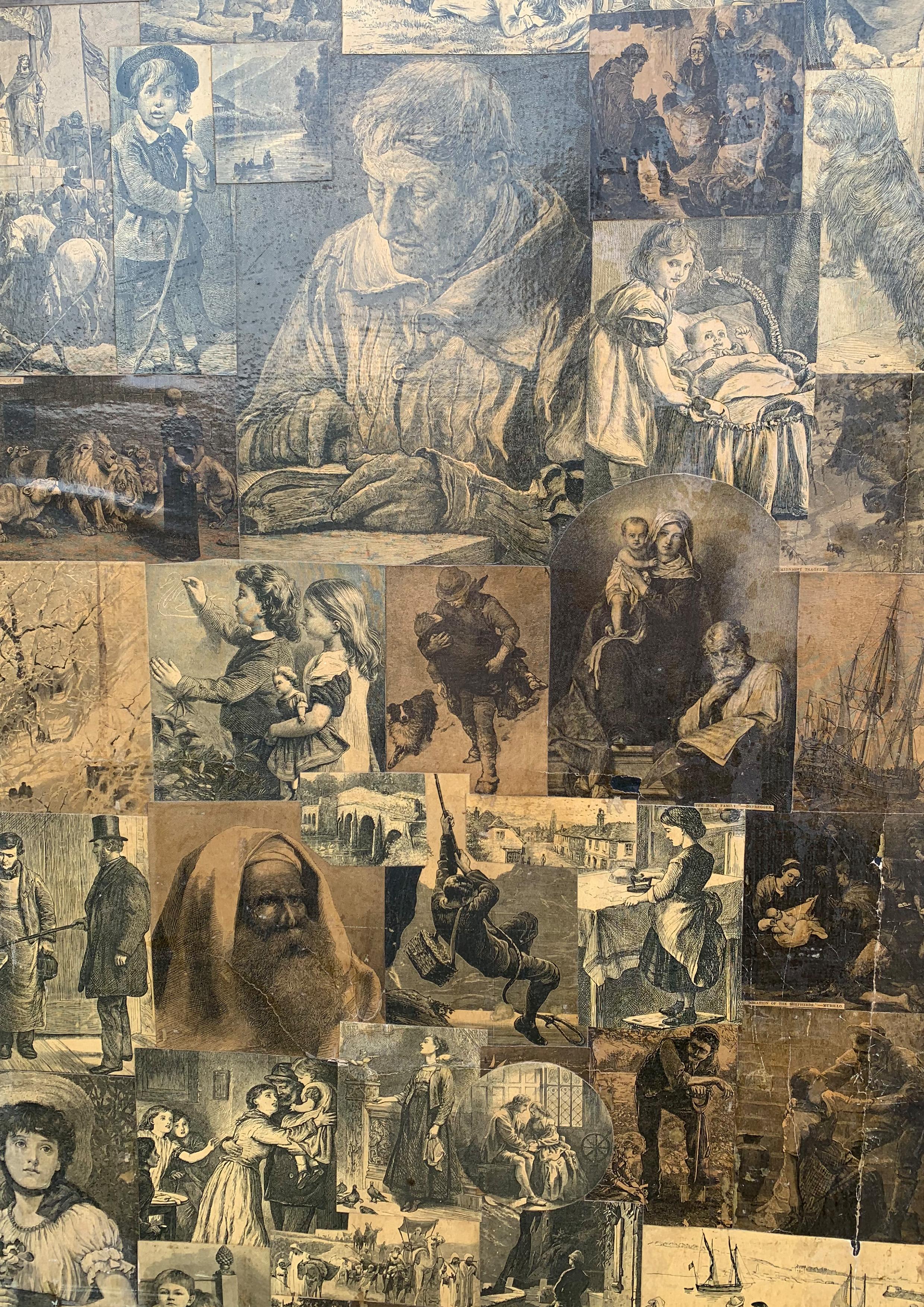 Wood Victorian 3 Panel Room Divider Decorated With Sepia Decoupage Scenes of The Day For Sale