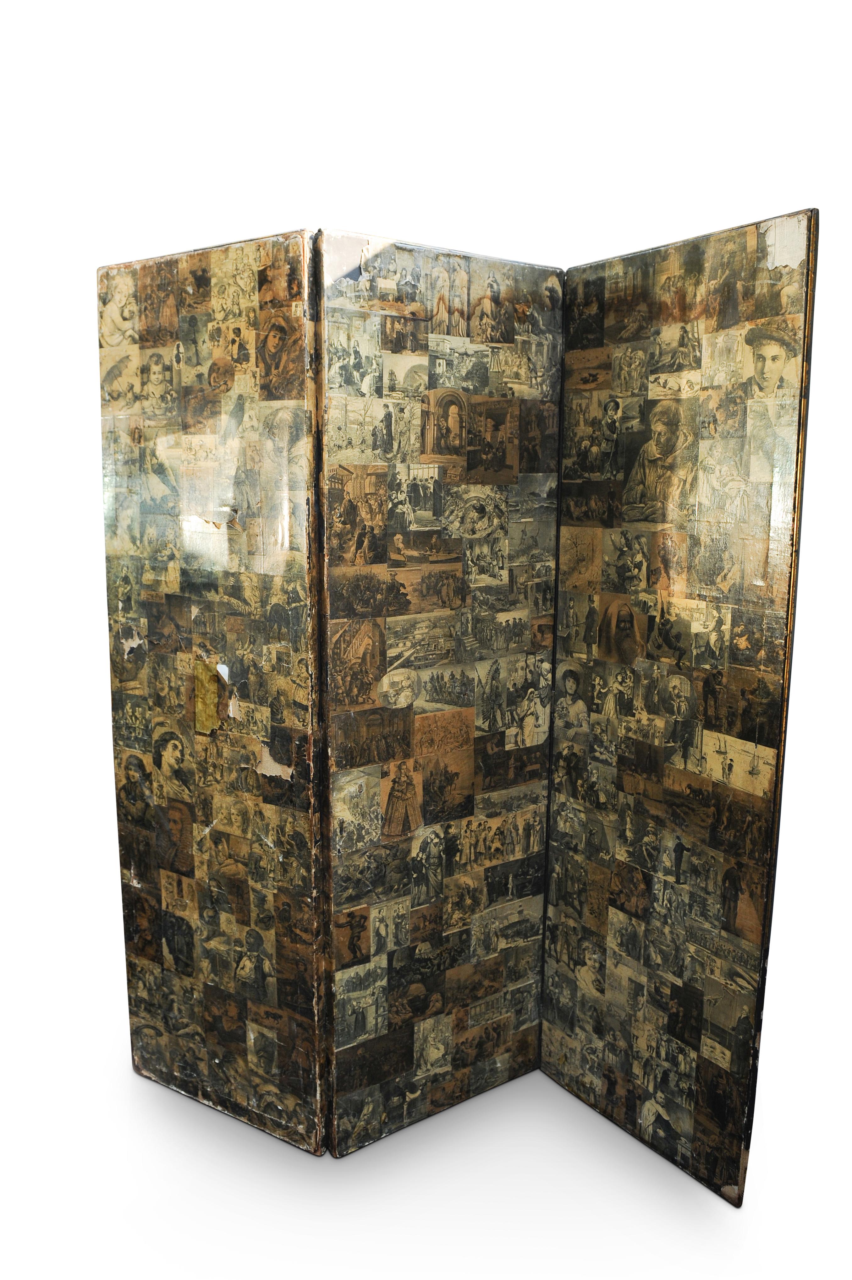Embossed Victorian Sepia Decoupage Two Sided Three Panel Folding Boudoir Ebonised Screen  For Sale
