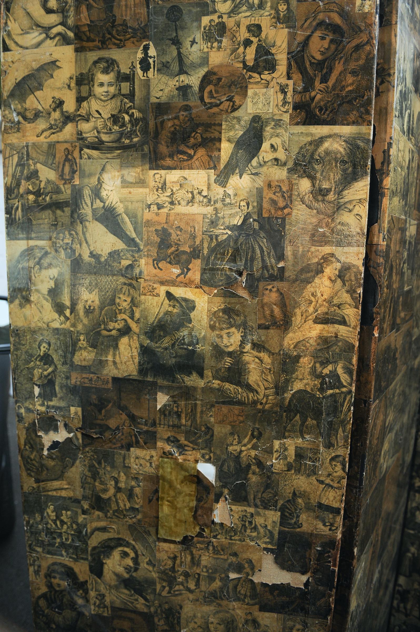 Victorian Sepia Decoupage Two Sided Three Panel Folding Boudoir Ebonised Screen  For Sale 1