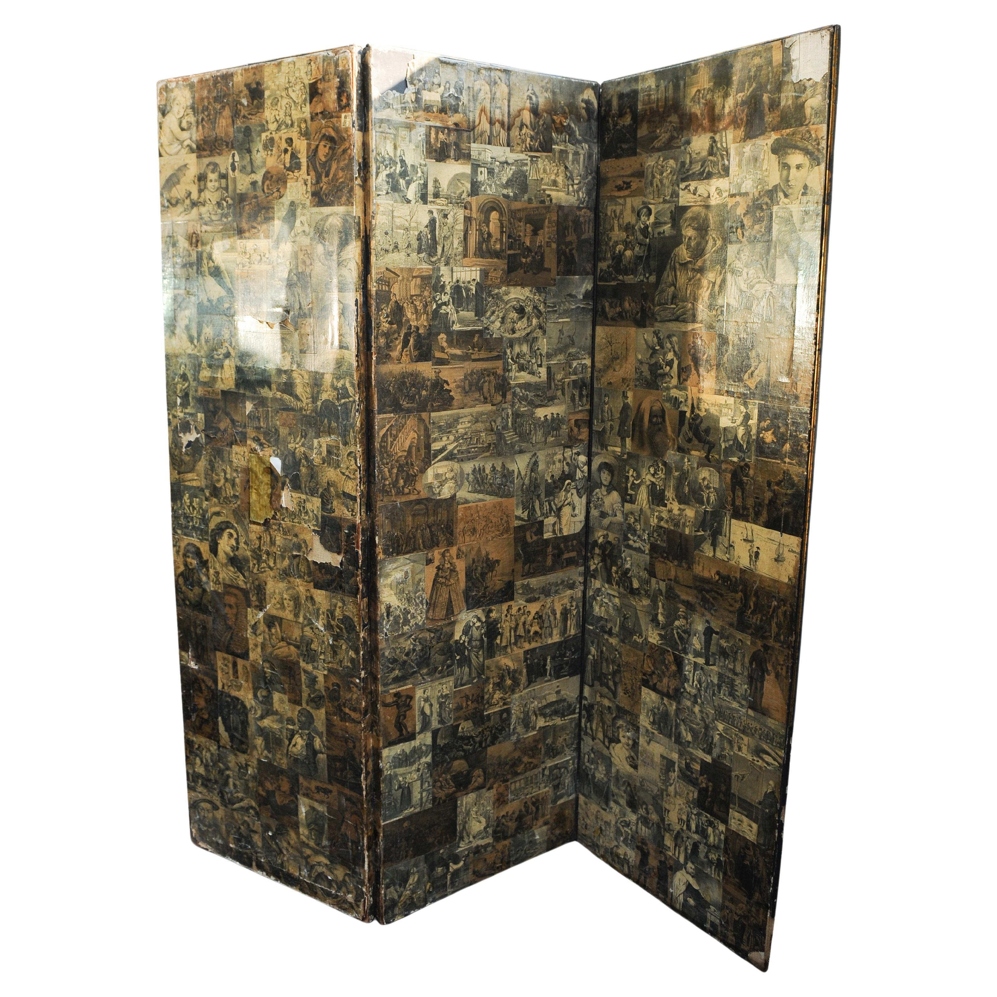 Victorian Sepia Decoupage Two Sided Three Panel Folding Boudoir Ebonised Screen  For Sale