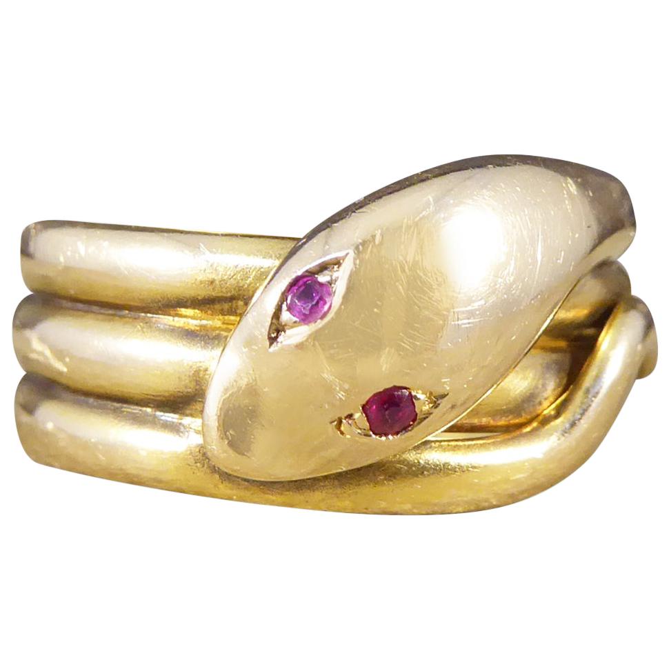 Victorian Serpent Ring Set with Ruby Eyes in 18 Carat Yellow Gold