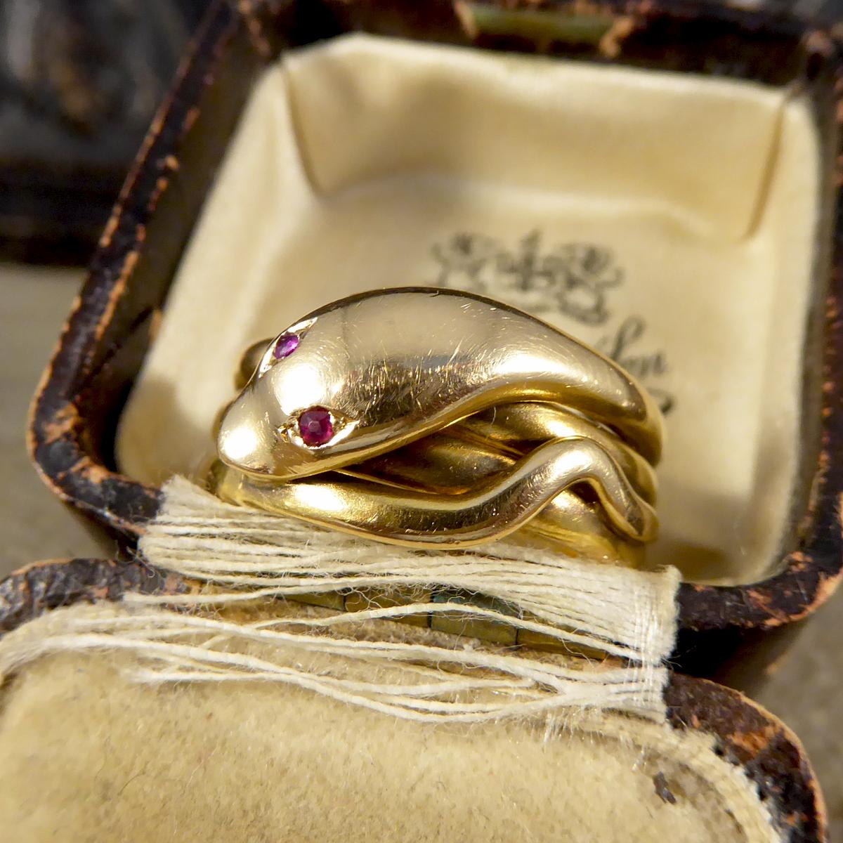 Victorian Serpent Ring Set with Ruby Eyes in 18 Carat Yellow Gold 1