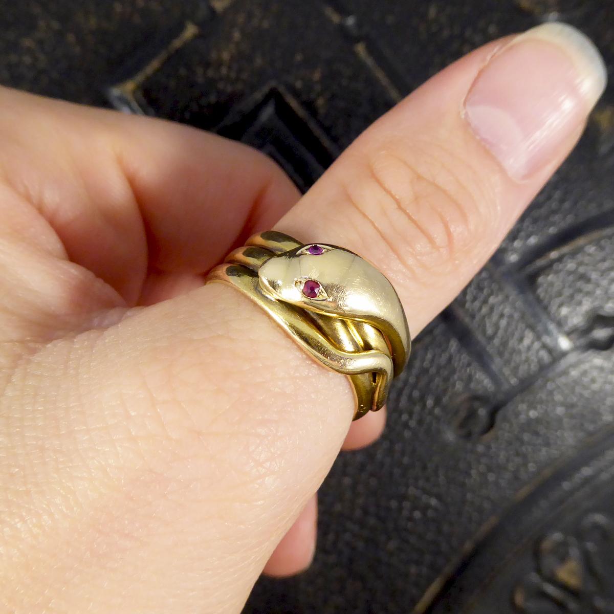 Rose Cut Victorian Serpent Ring Set with Ruby Eyes in 18 Carat Yellow Gold