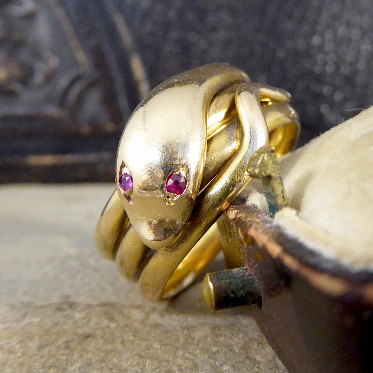Women's or Men's Victorian Serpent Ring Set with Ruby Eyes in 18 Carat Yellow Gold