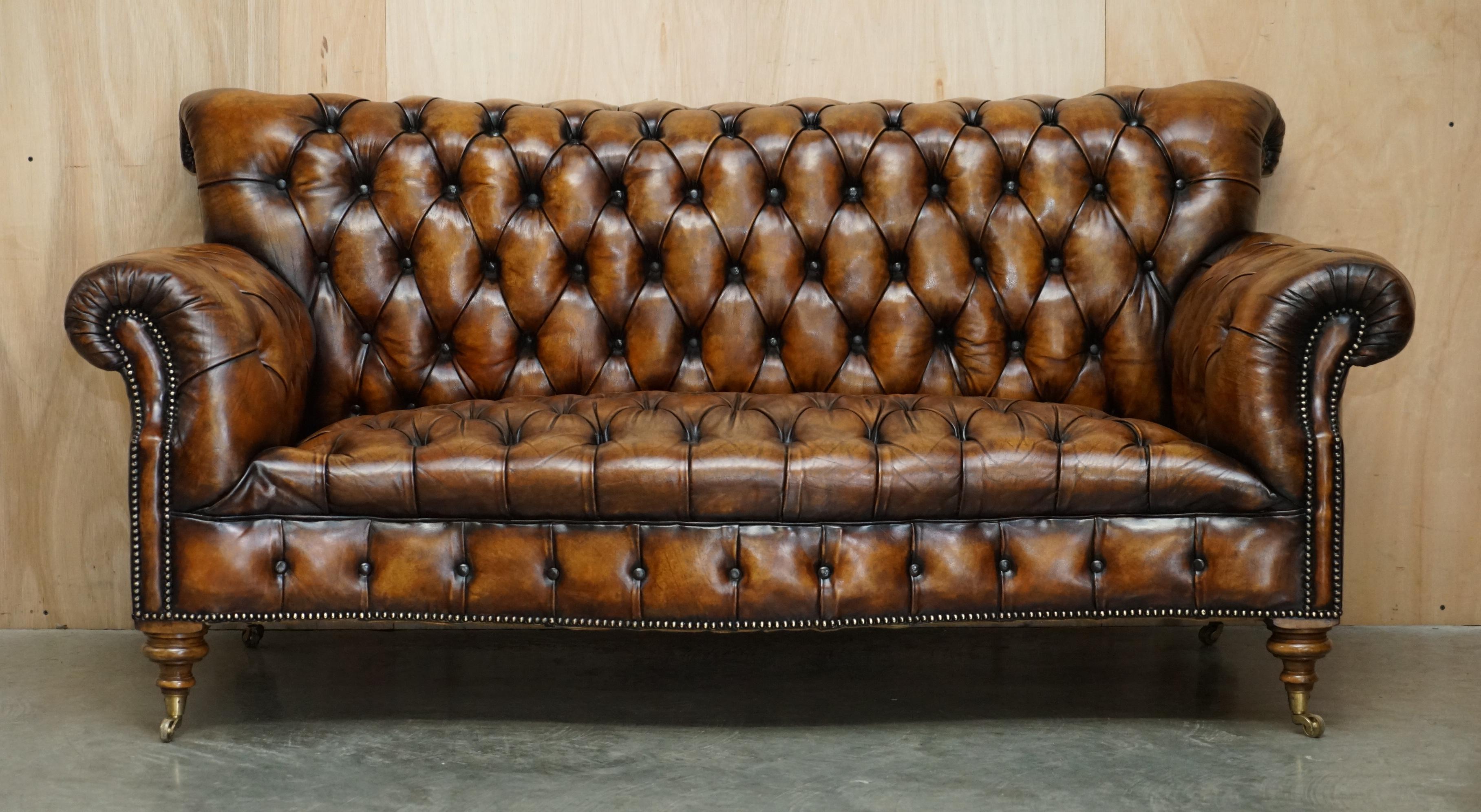 Royal House Antiques

Royal House Antiques is delighted to offer for sale this stunning fully restored Victorian hand dyed cigar brown leather serpentine fronted Chesterfield club sofa with super rare high back and hand turned walnut legs 

Please