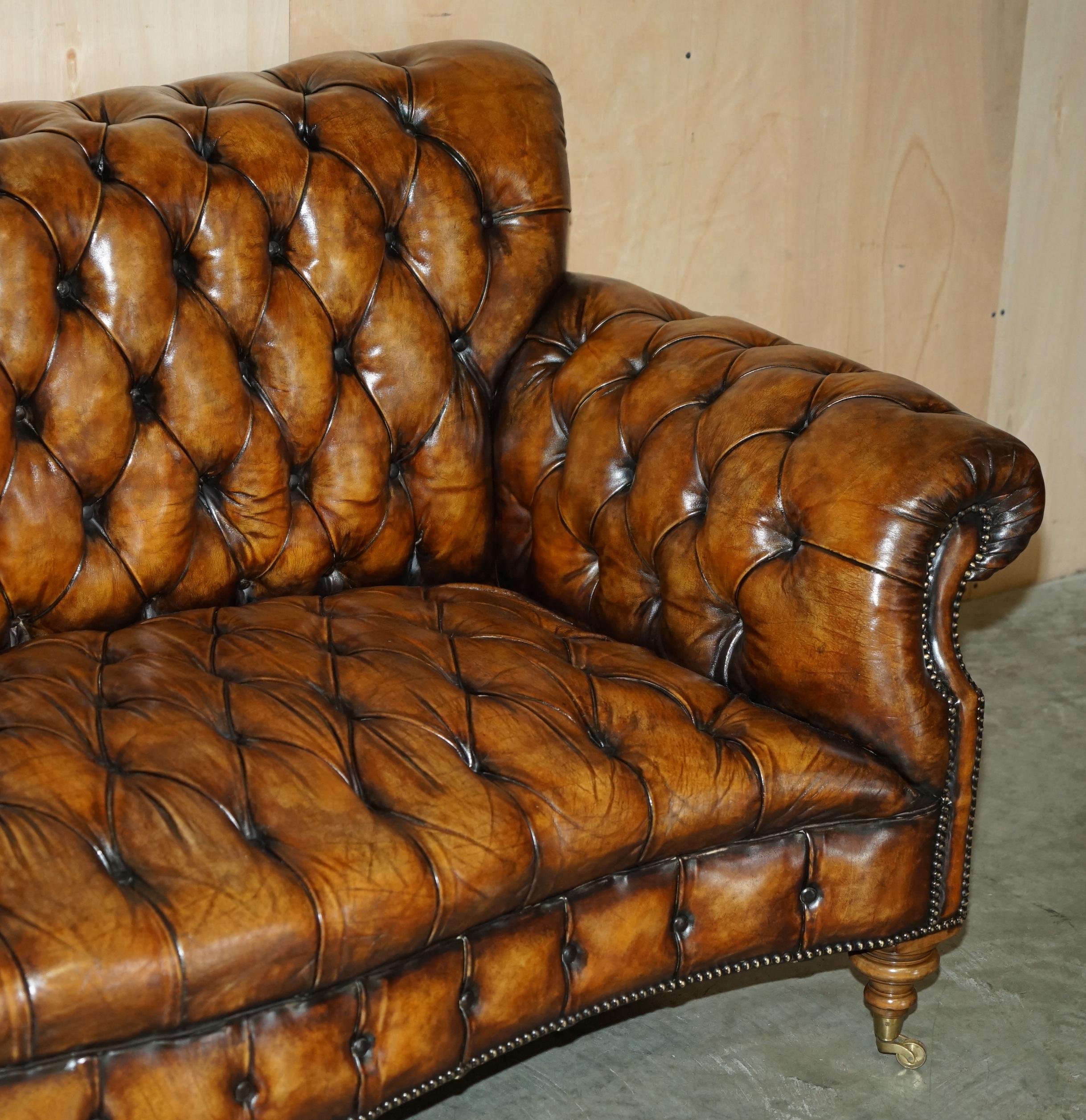 Victorian VICTORIAN SERPENTINE FRONTED HAND DYED RESTORED BROWN LEATHER CHESTERFiELD SOFA For Sale