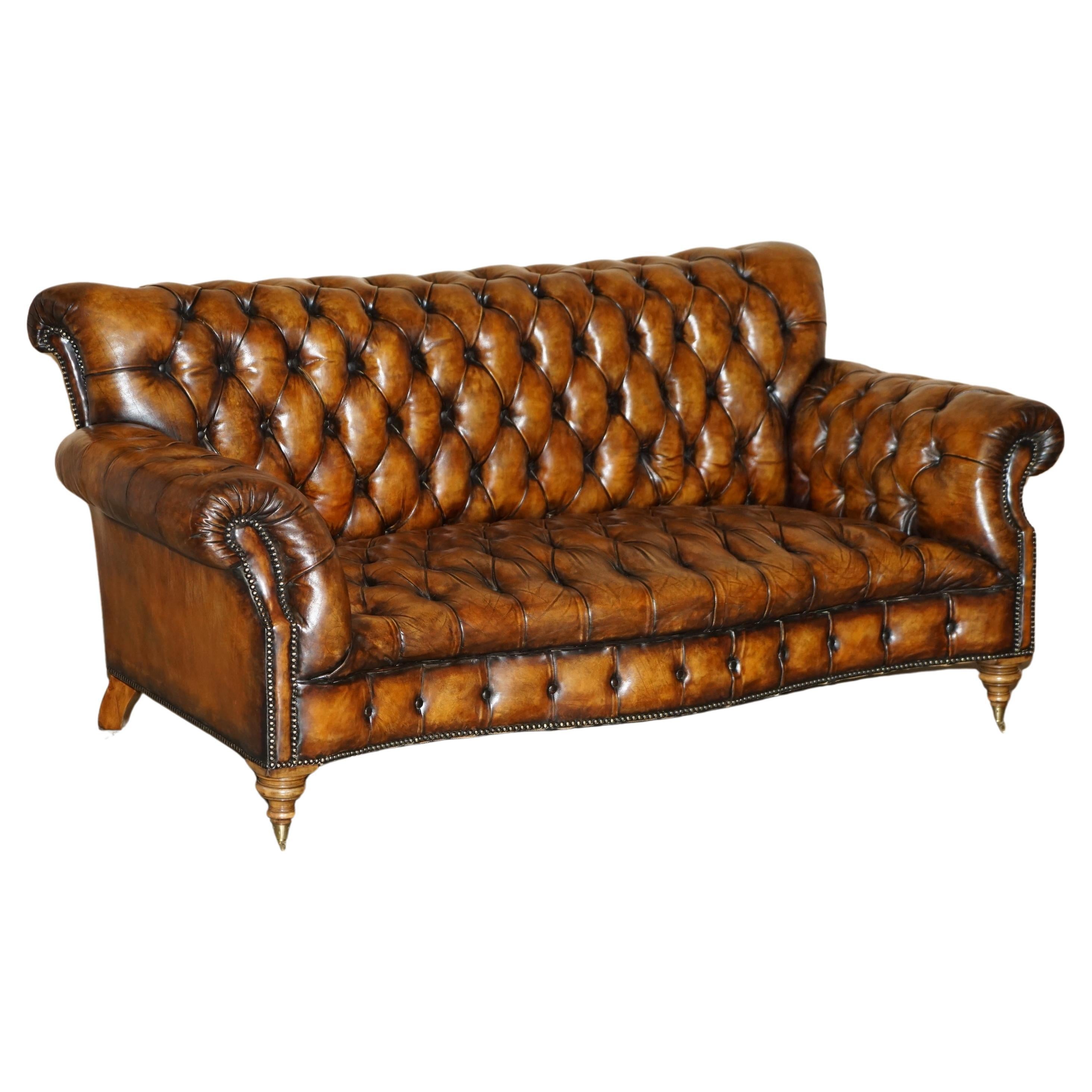 SOFA VICtoriaN SERPENTINE FRONTED HAND DYED RESTORED BROWN LEATHER CHESTERFiELD