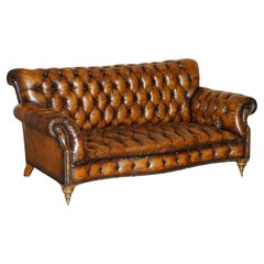 Antique VICTORIAN SERPENTINE FRONTED HAND DYED RESTORED BROWN LEATHER CHESTERFiELD SOFA