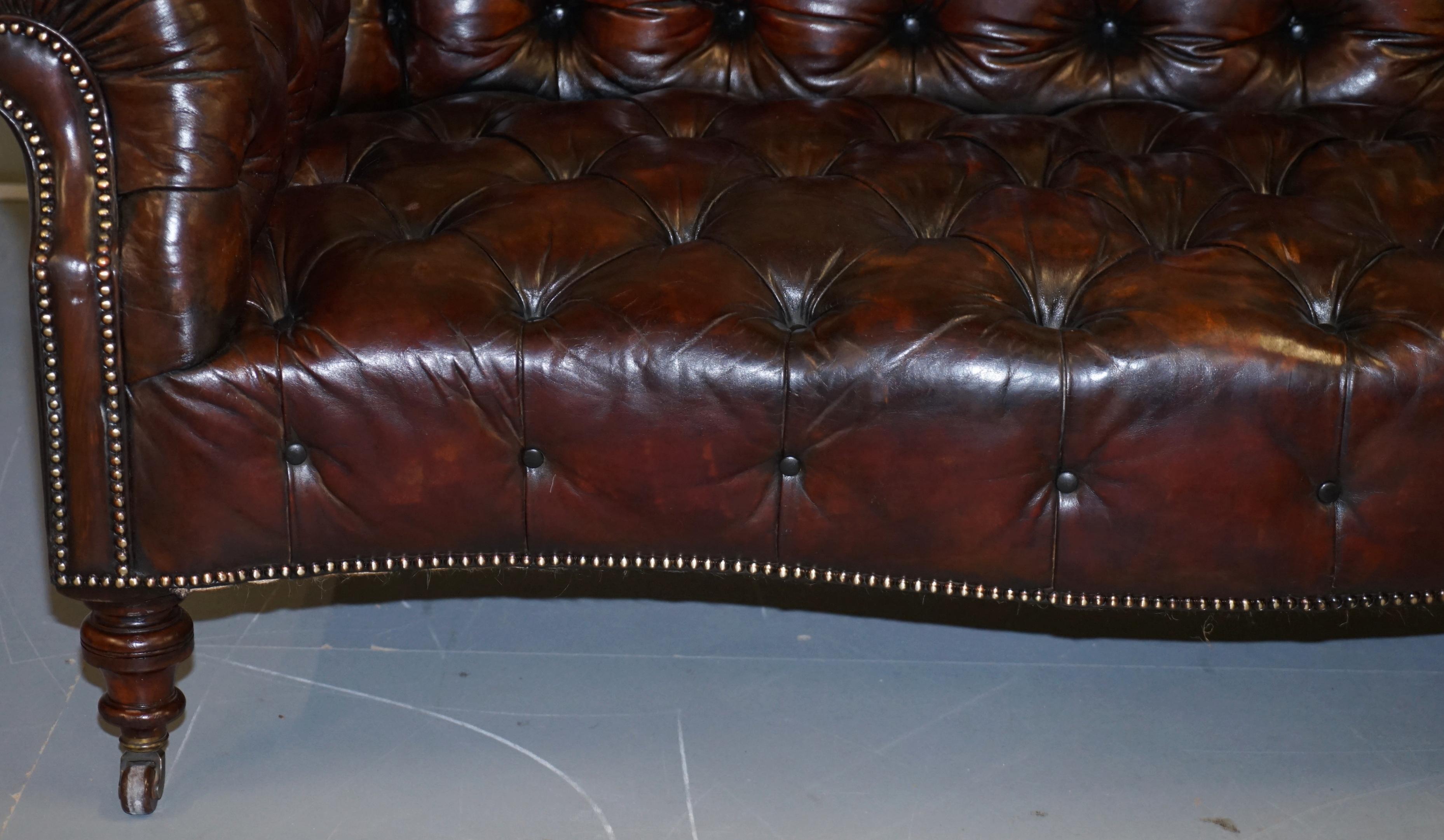 Victorian Serpentine Hand Dyed Restored Whisky Brown Leather Chesterfield Sofa For Sale 4