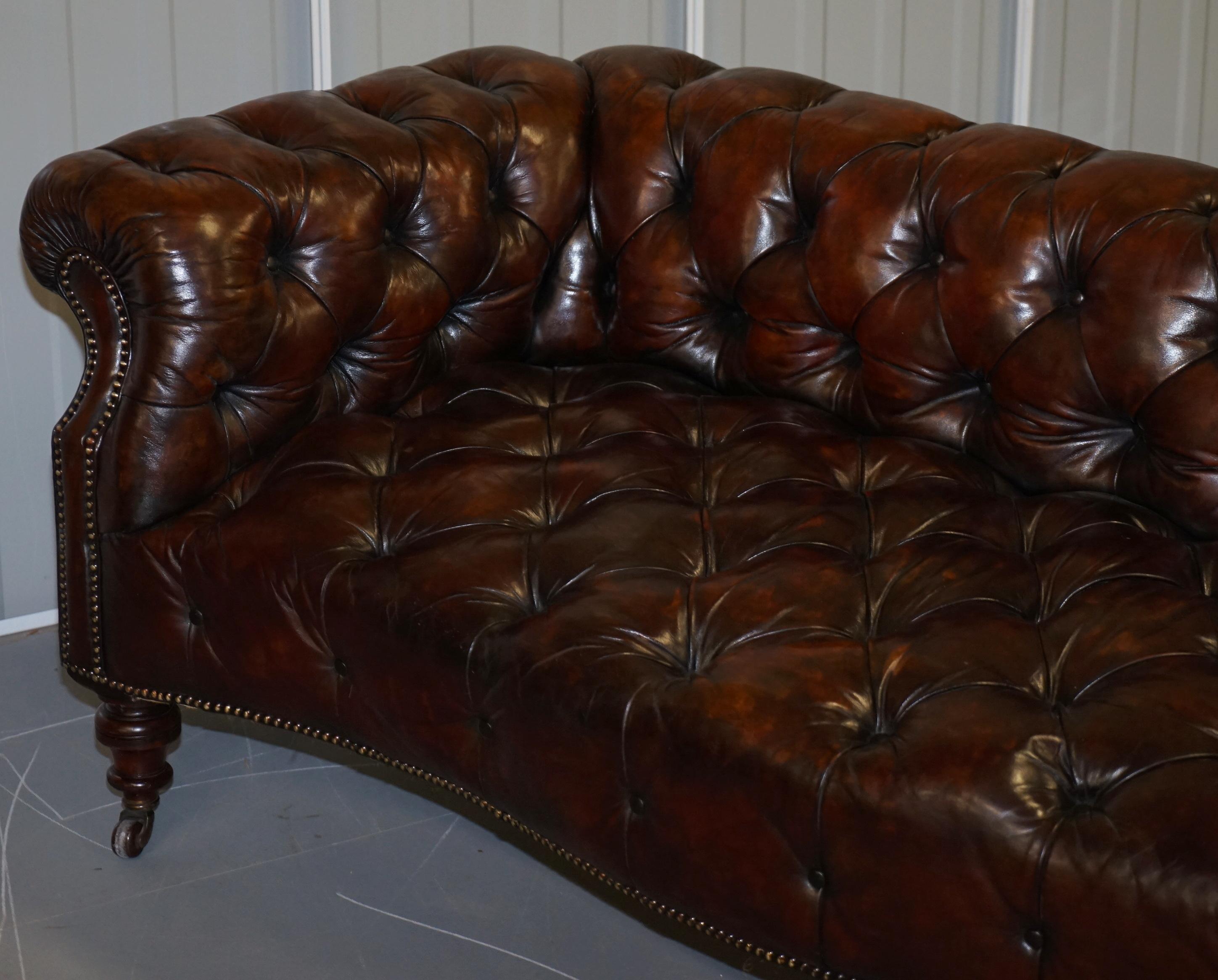 Victorian Serpentine Hand Dyed Restored Whisky Brown Leather Chesterfield Sofa For Sale 7
