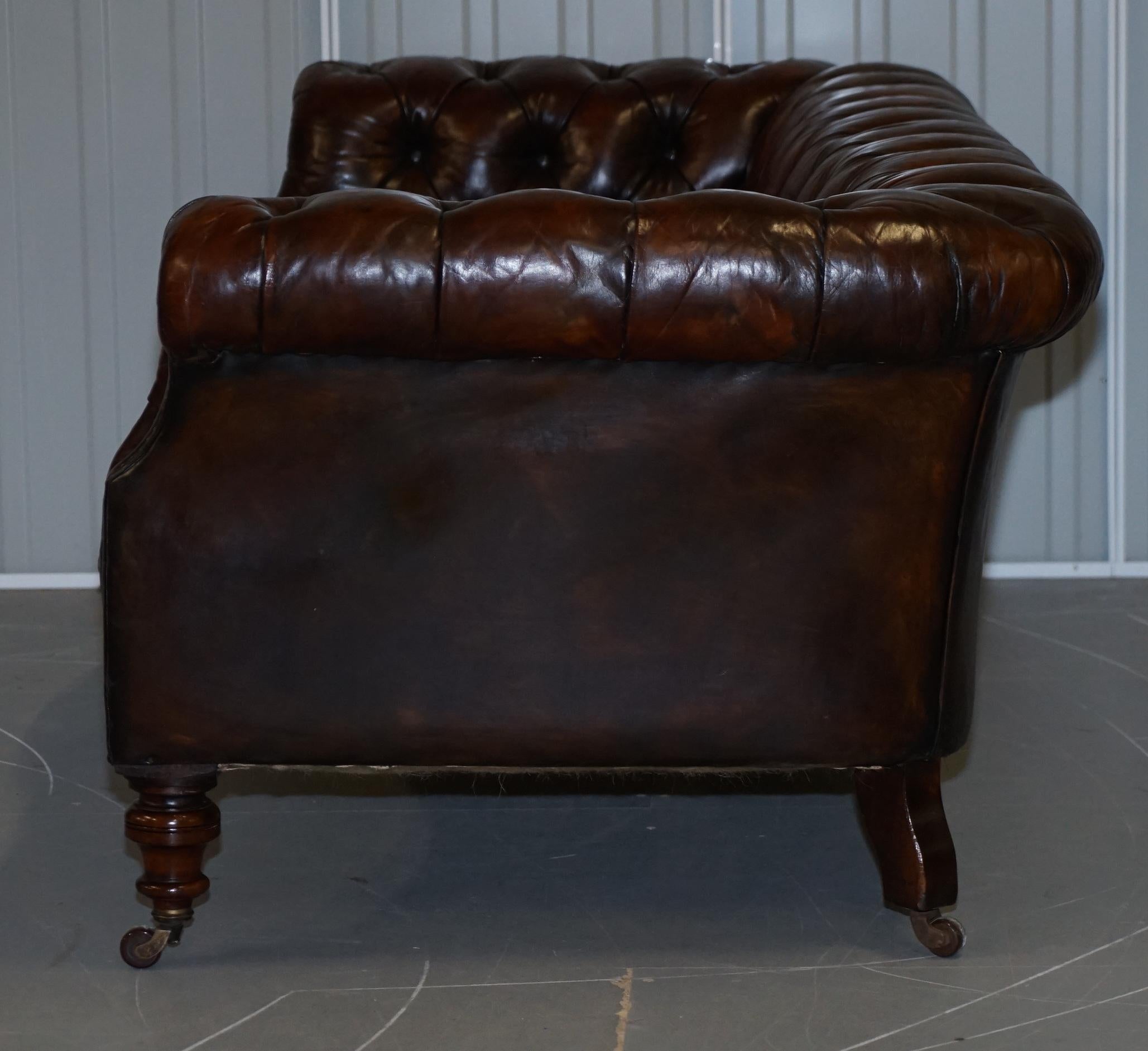 Victorian Serpentine Hand Dyed Restored Whisky Brown Leather Chesterfield Sofa For Sale 8