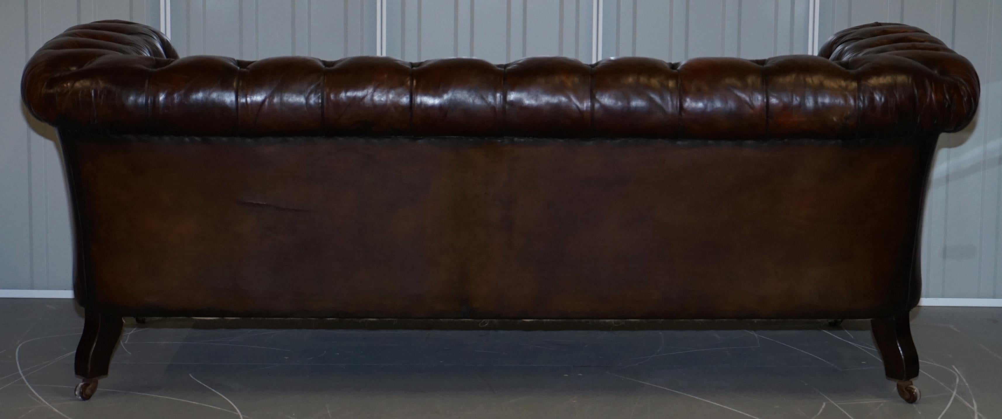 Victorian Serpentine Hand Dyed Restored Whisky Brown Leather Chesterfield Sofa For Sale 10