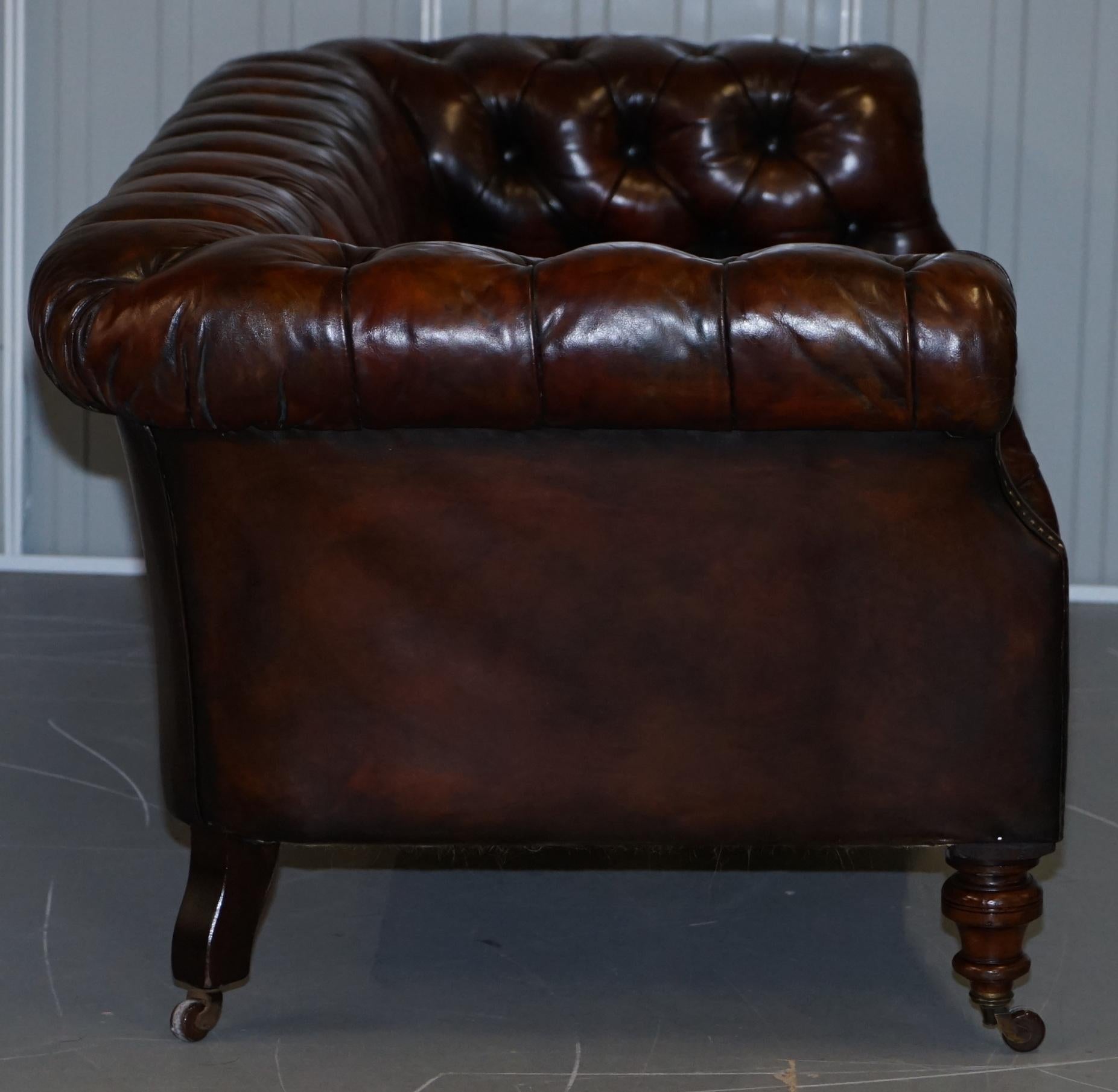 Victorian Serpentine Hand Dyed Restored Whisky Brown Leather Chesterfield Sofa For Sale 11