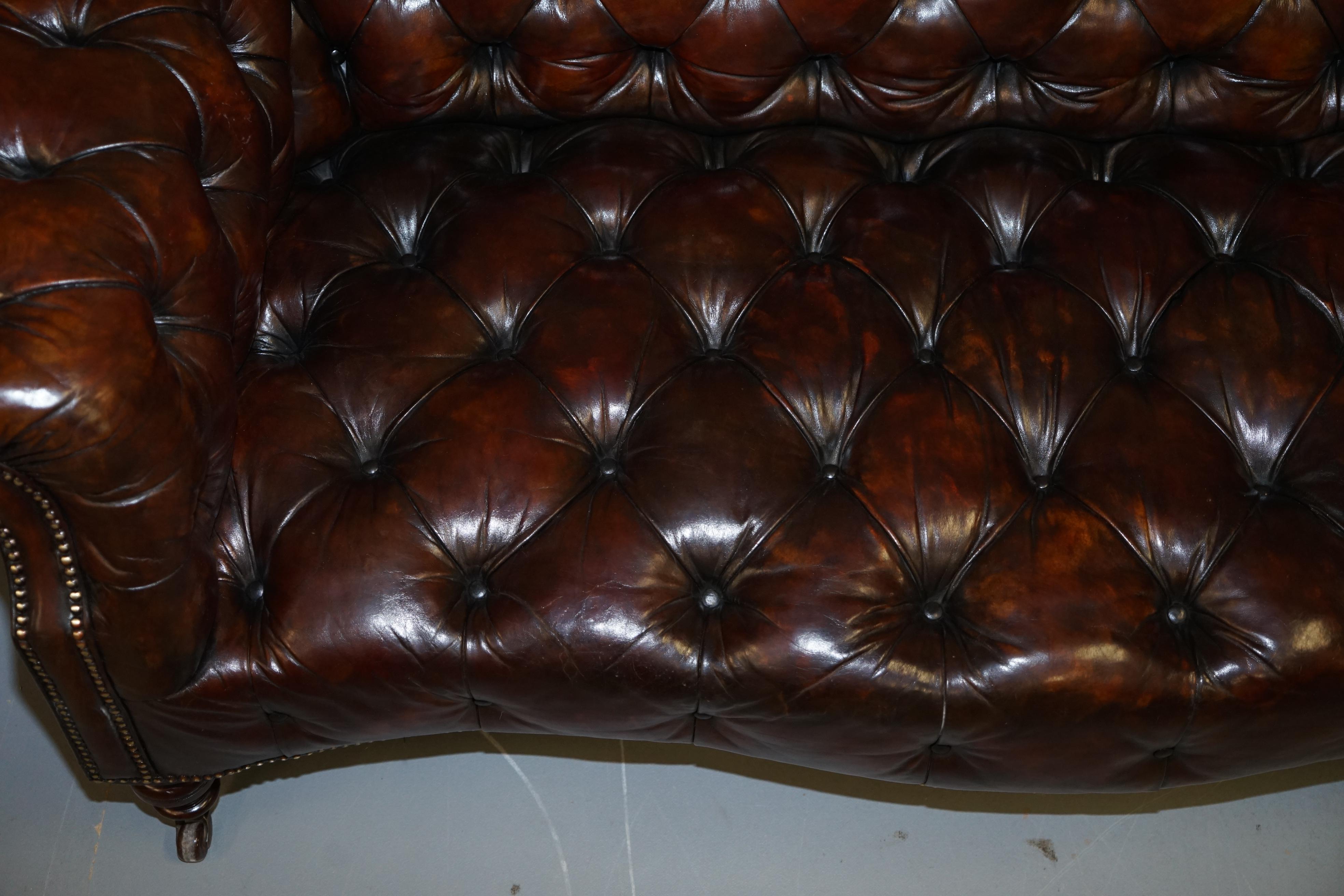 English Victorian Serpentine Hand Dyed Restored Whisky Brown Leather Chesterfield Sofa