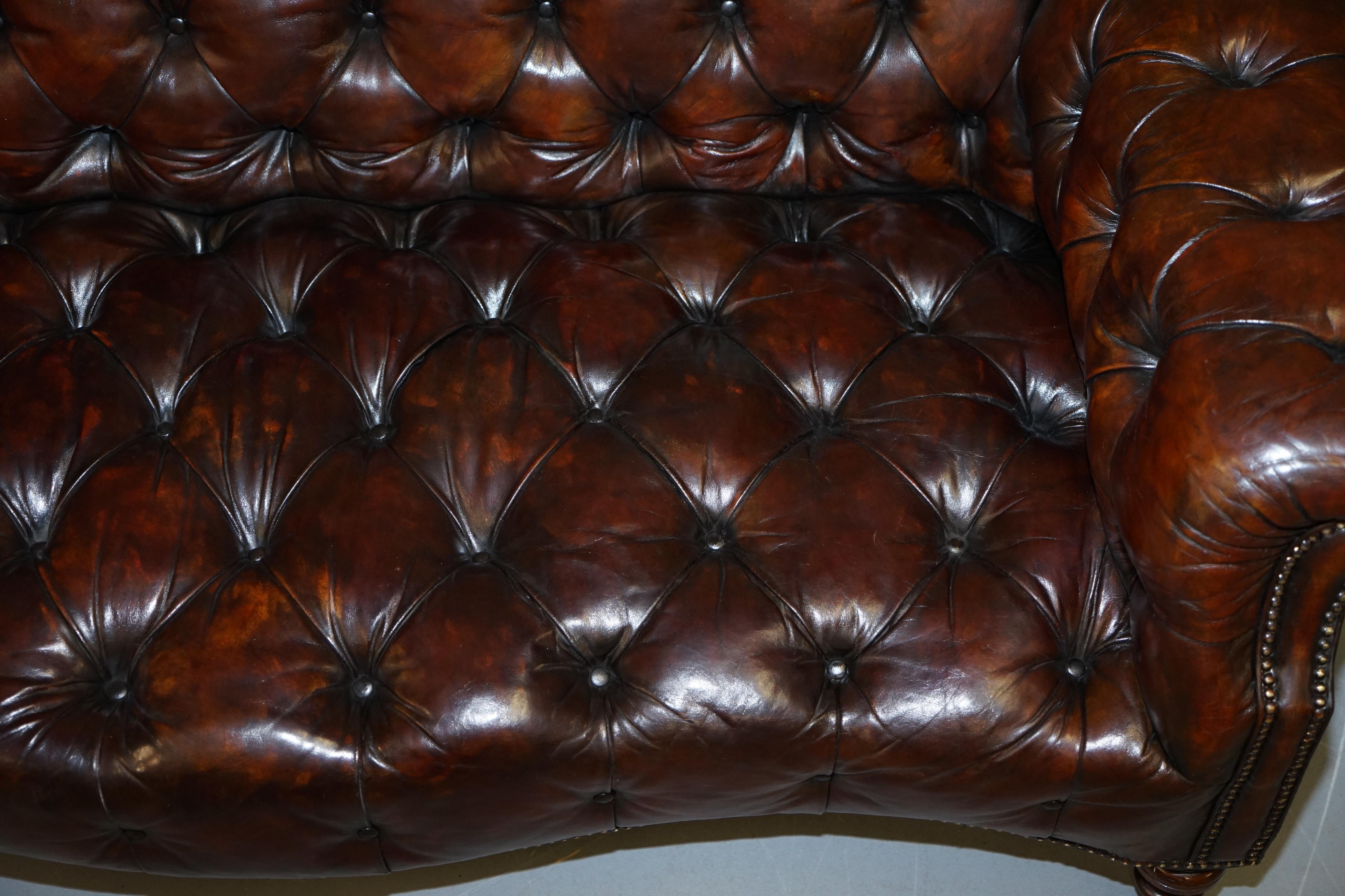 Hand-Crafted Victorian Serpentine Hand Dyed Restored Whisky Brown Leather Chesterfield Sofa