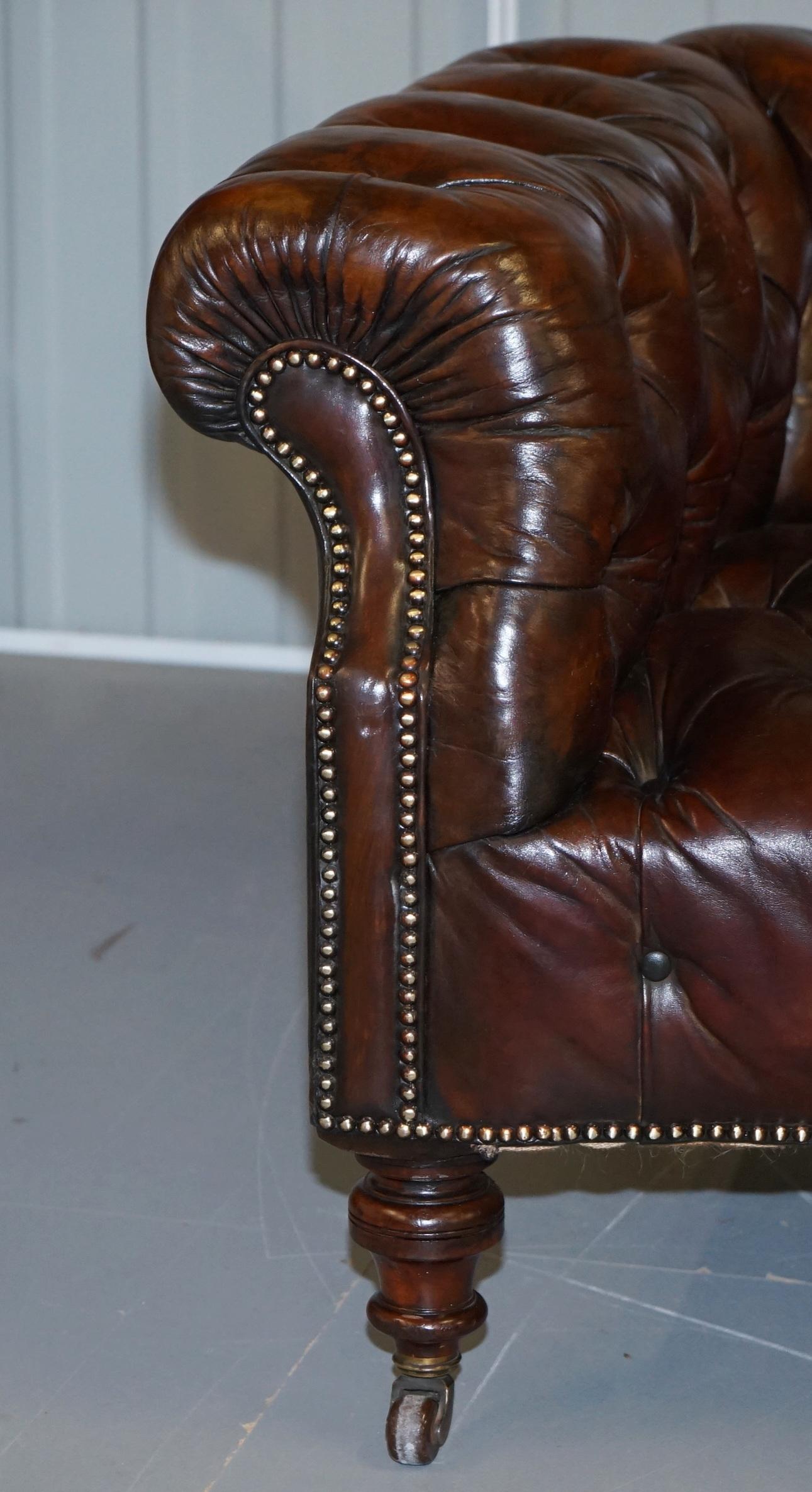 19th Century Victorian Serpentine Hand Dyed Restored Whisky Brown Leather Chesterfield Sofa For Sale