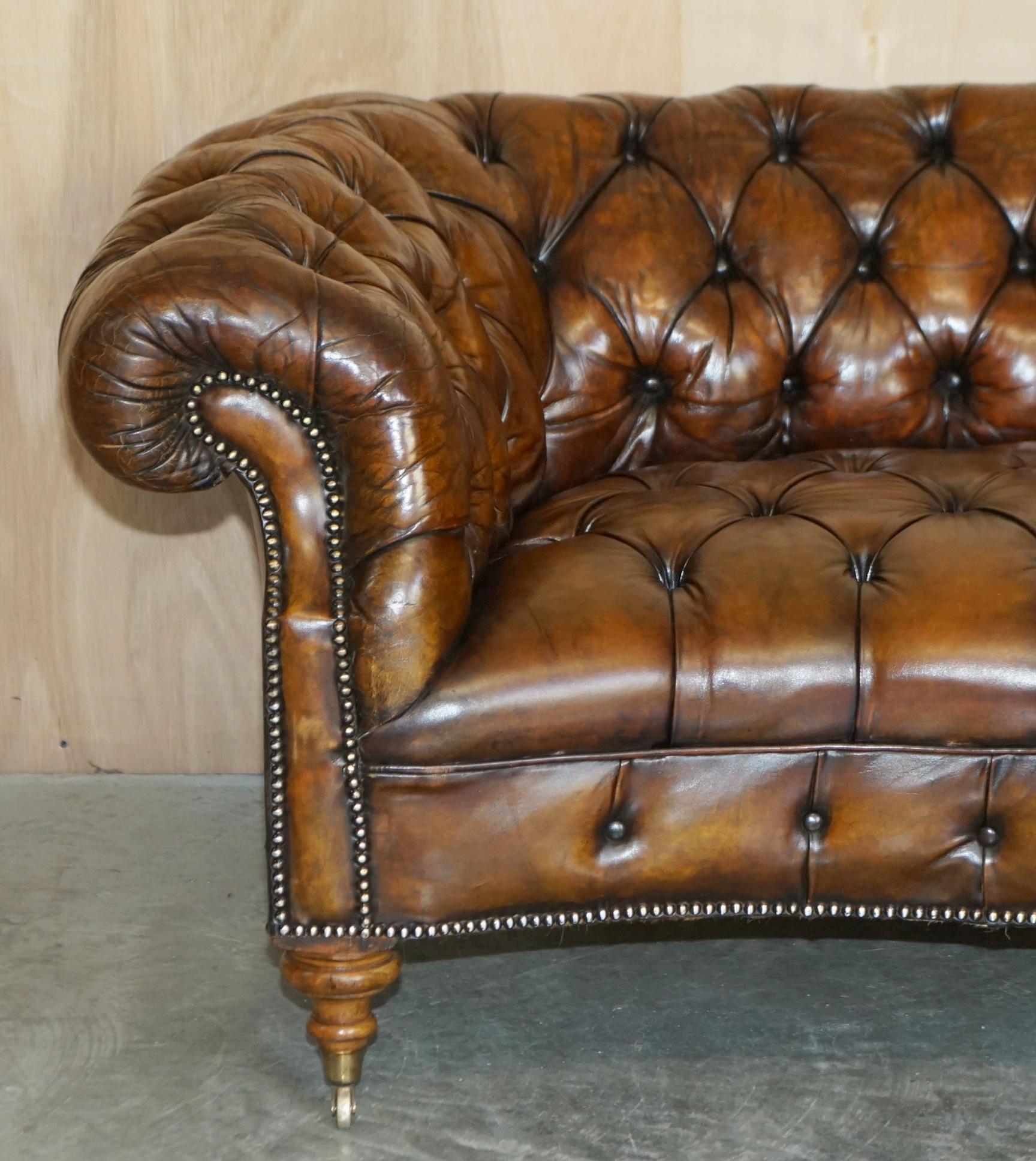 English Victorian Serpentine Whisky Brown Leather Chesterfield Sofa After Howard & Son's