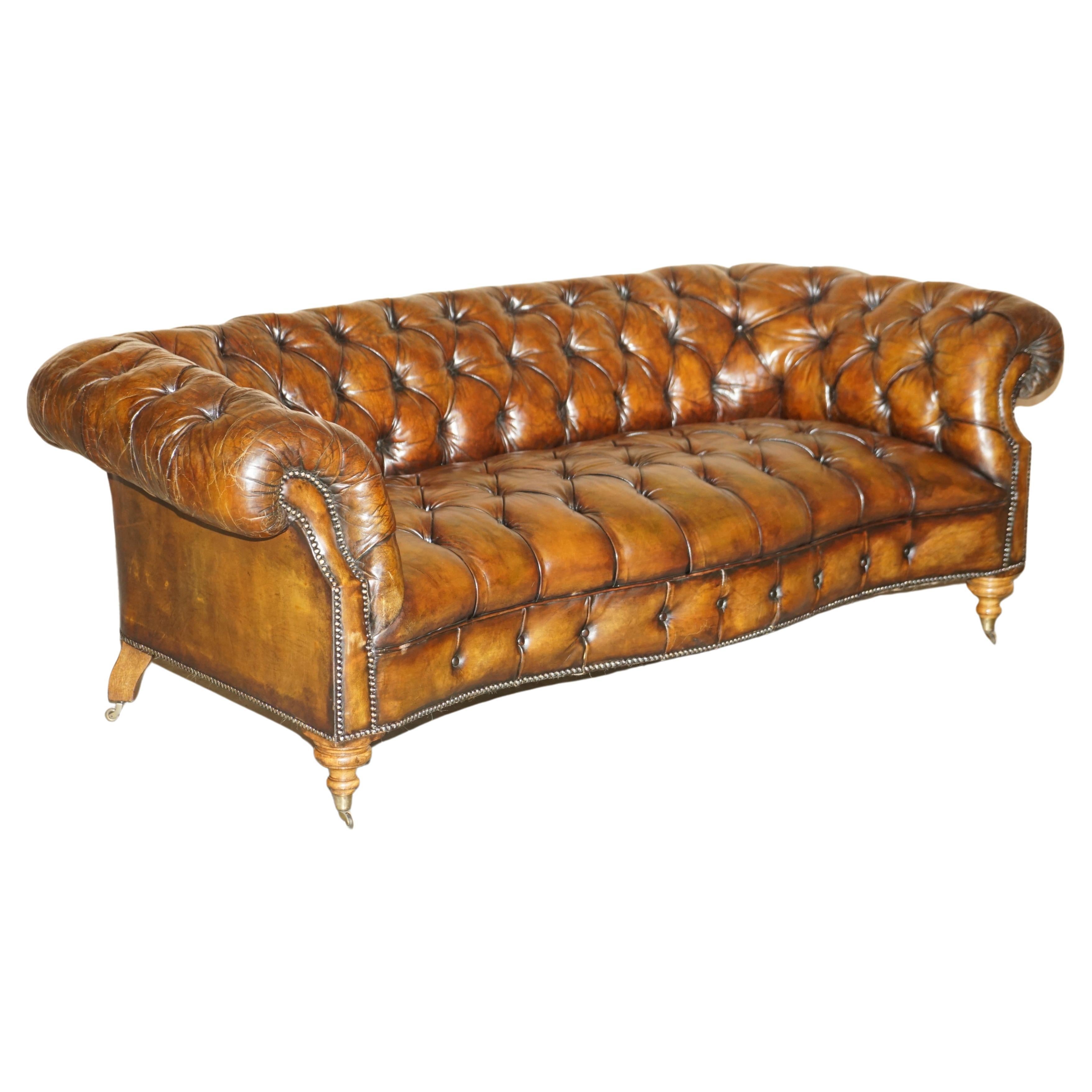 Victorian Serpentine Whisky Brown Leather Chesterfield Sofa After Howard & Son's