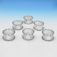 Victorian Set of 6 Antique Sterling Silver Napkin Rings in a Box, Made in 1895