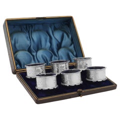 Victorian Set of 6 Antique Sterling Silver Napkin Rings in a Box, Made in 1895